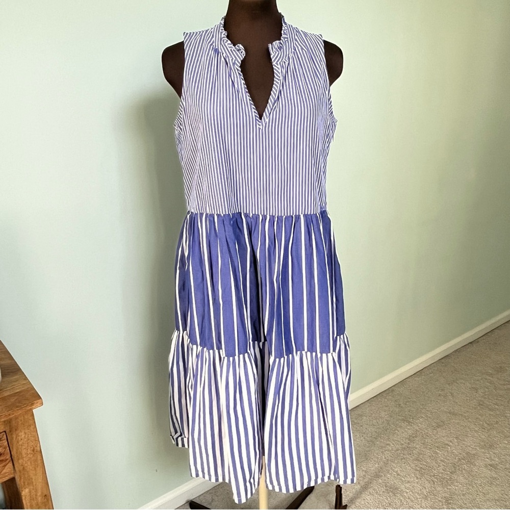 J.Crew Women’s Sleeveless Tiered Popover Dress in Mixed Blue & White Stripe Sz S